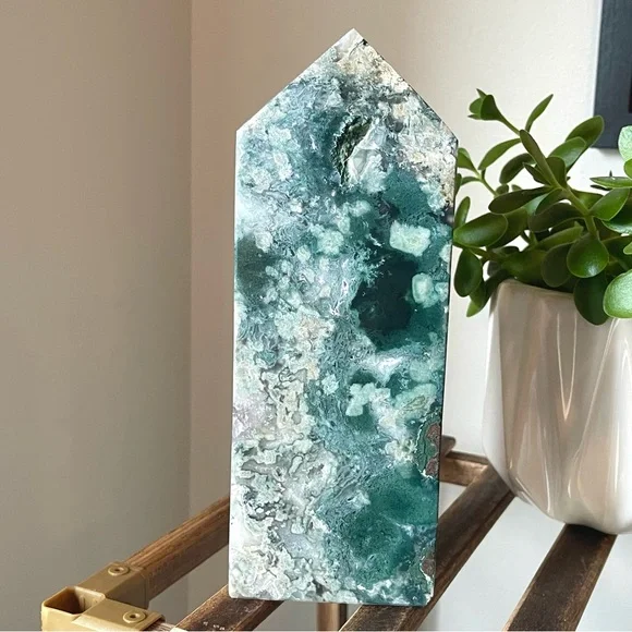 🎁SALE🎁 💚💜Druzy Geode Moss Agate Amethyst Crystal Tower💜💚